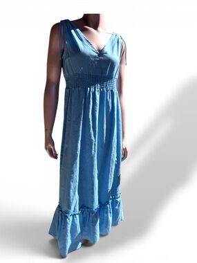 Linen summer dress Deluc. Blue smocked empire waist - Canadian sz XS S M L‎